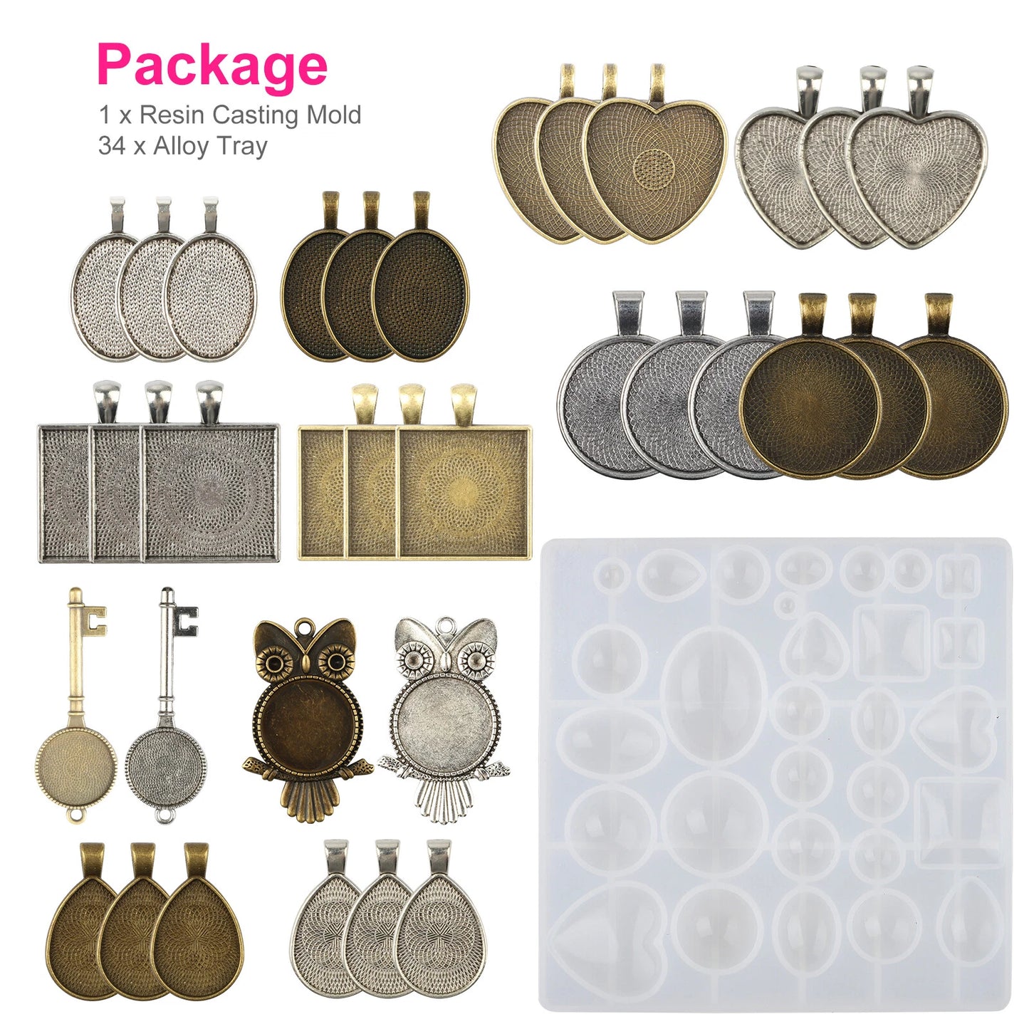 35PCS Resin Casting Mold & Pendant Tray Kit