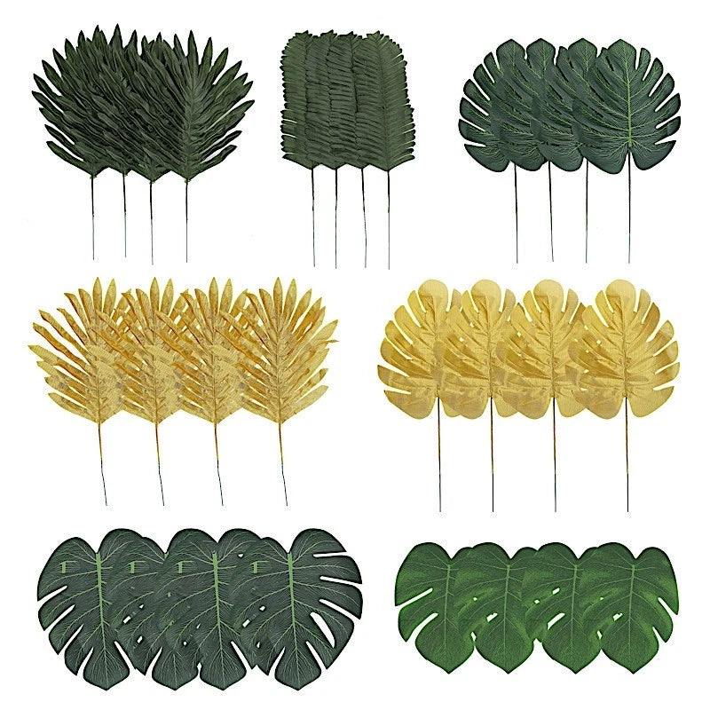Home Collection 28-Pack Assorted Green & Gold Silk Tropical Leaves Monstera Palm Stems