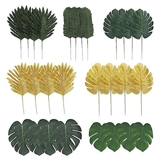 Home Collection 28-Pack Assorted Green & Gold Silk Tropical Leaves Monstera Palm Stems