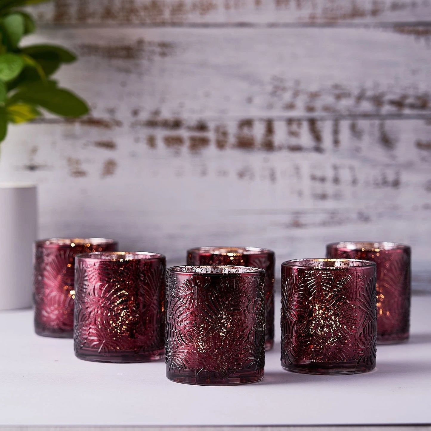 Home Collection 6-Piece 3" Mercury Glass Votive Candle Holders with Leaf Design