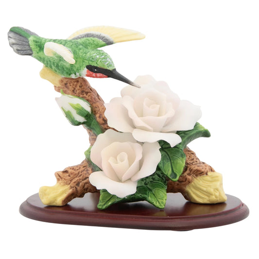 Porcelain Hummingbird with White Roses Figurine on Wooden Pedestal