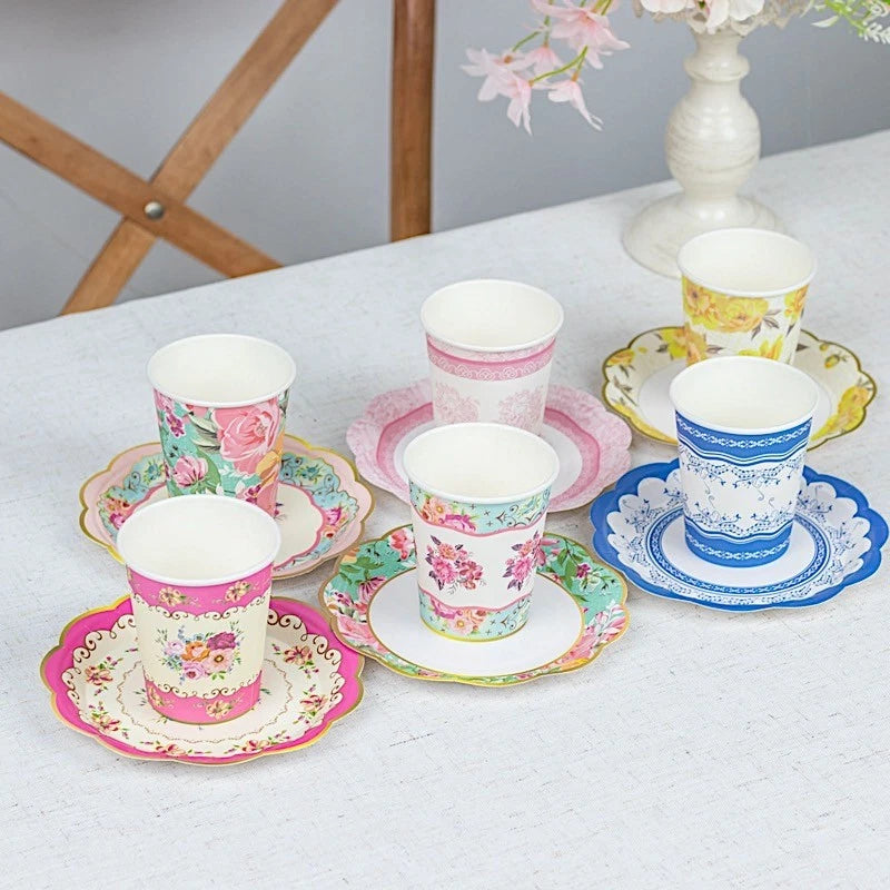 Home Collection 24-Pack Assorted Floral Paper Cups and Saucers Set