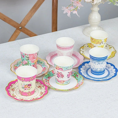 Home Collection 24-Pack Assorted Floral Paper Cups and Saucers Set