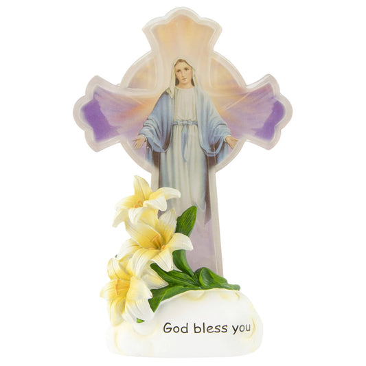 God Bless You 8" Illuminated Cross with Mother Mary Figurine