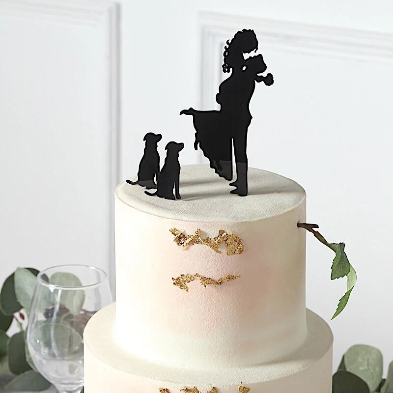 Home Collection Black Acrylic Bride & Groom with Dogs Cake Topper Set