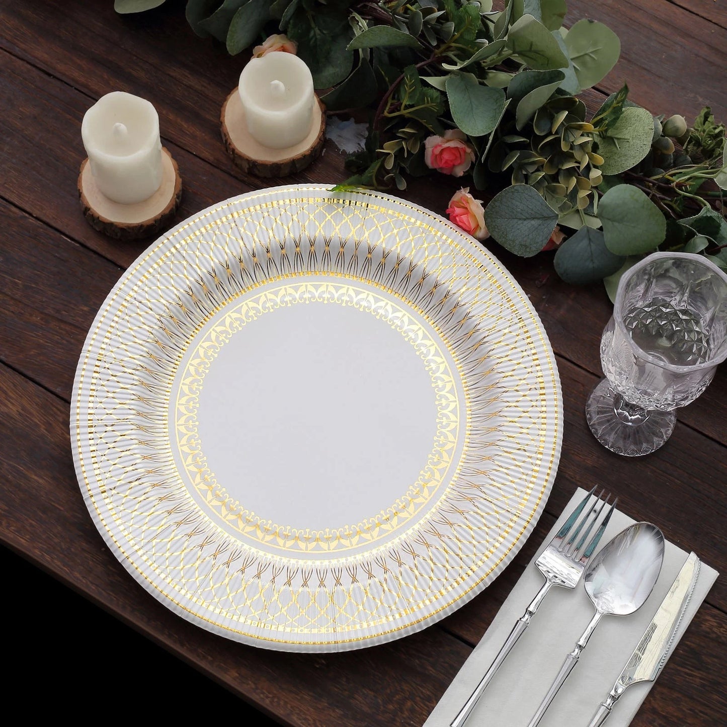 Home Collection 25-Pack White Gold 13" Vintage Round Disposable Paper Charger Plates