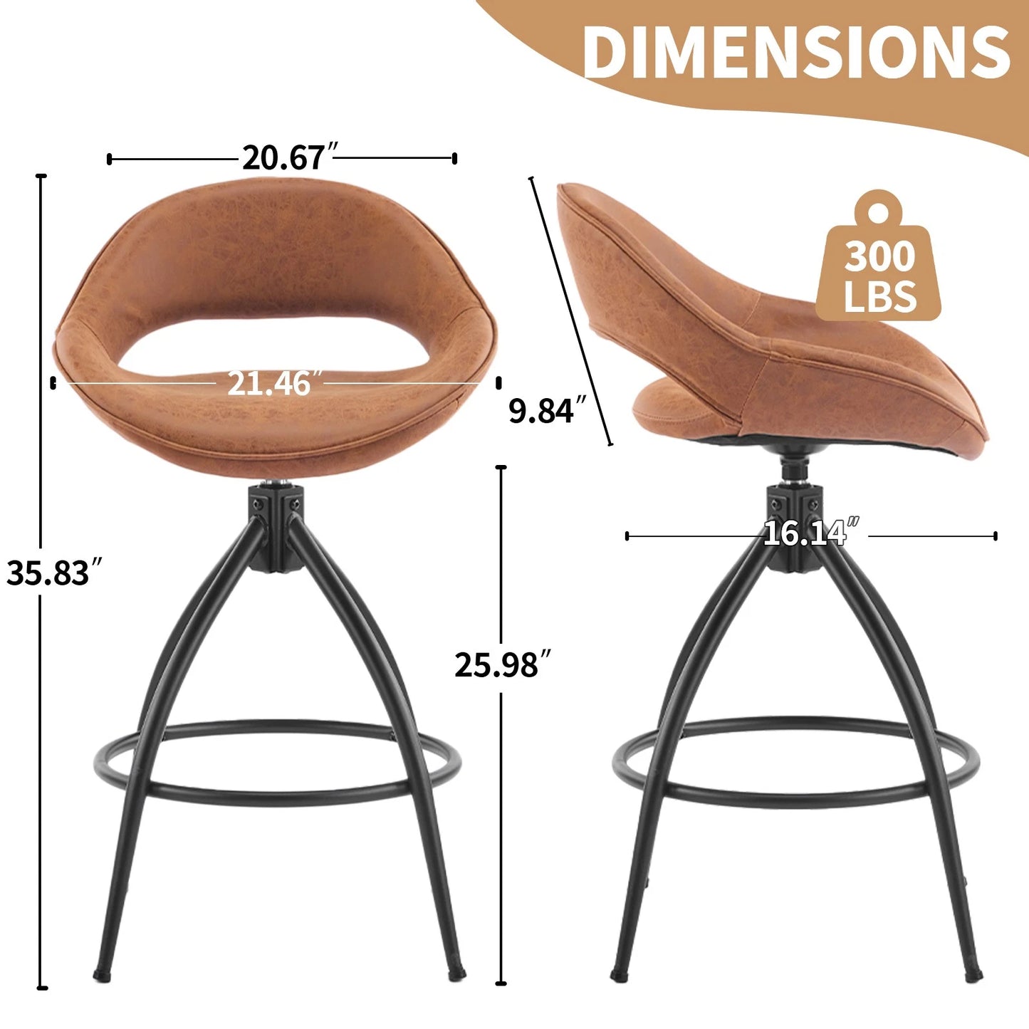 Set of 2 Counter Height Swivel Bar Stools with Hollow Backrest