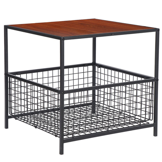 20" Side Table with Storage Basket & Wood Top