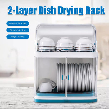 2-Layer Kitchen Dish Drying Rack with Dust-Proof Cover