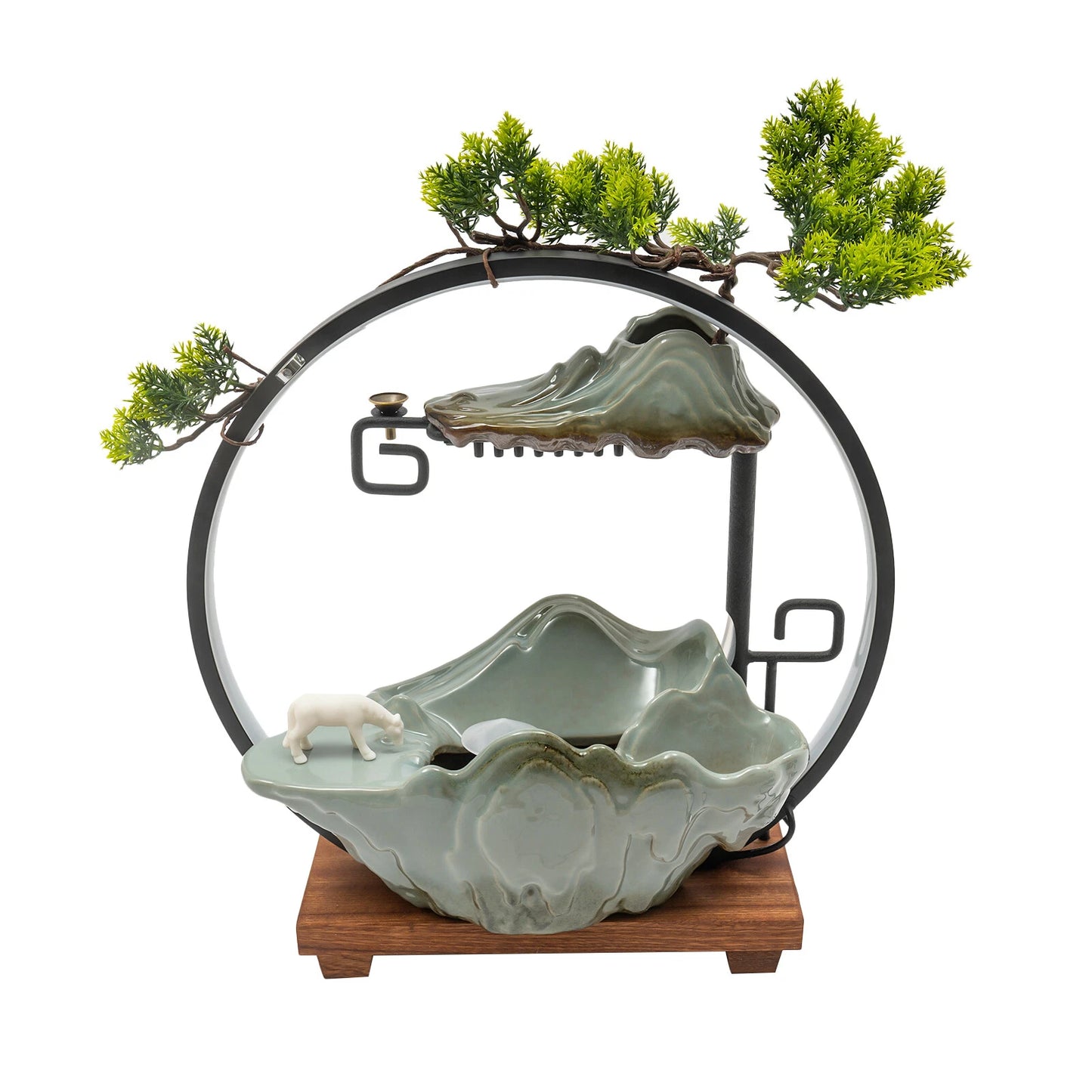 LED Tabletop Water Fountain with Indoor Faux Plants & Mist