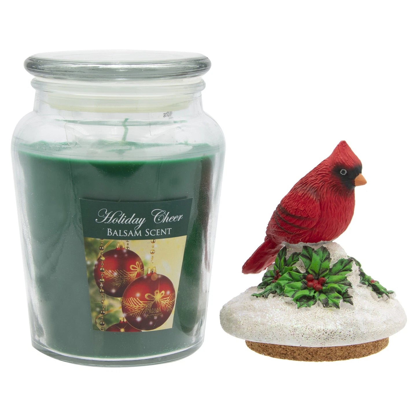 Holiday Cheer Balsam Scented Jar Candle with Cardinal Topper