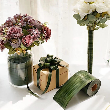 Home Collection 50 Yards 4-Inch Green Satin Ribbon Roll Double-Sided Ti Leaf Pattern