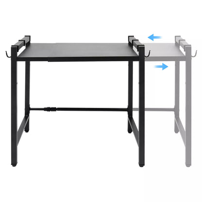 Adjustable Microwave Stand Black Carbon Steel Shelf with Hooks