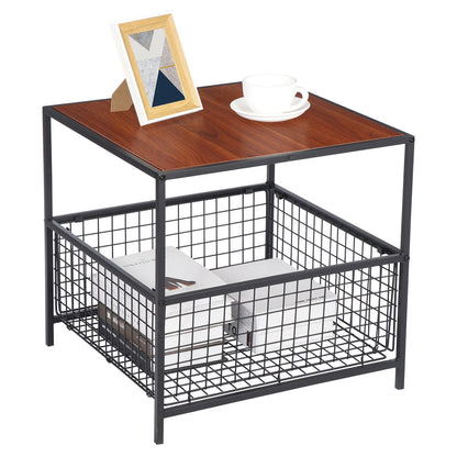 20" Side Table with Storage Basket & Wood Top