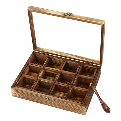 12-Compartment Wooden Spice Box with Spoon