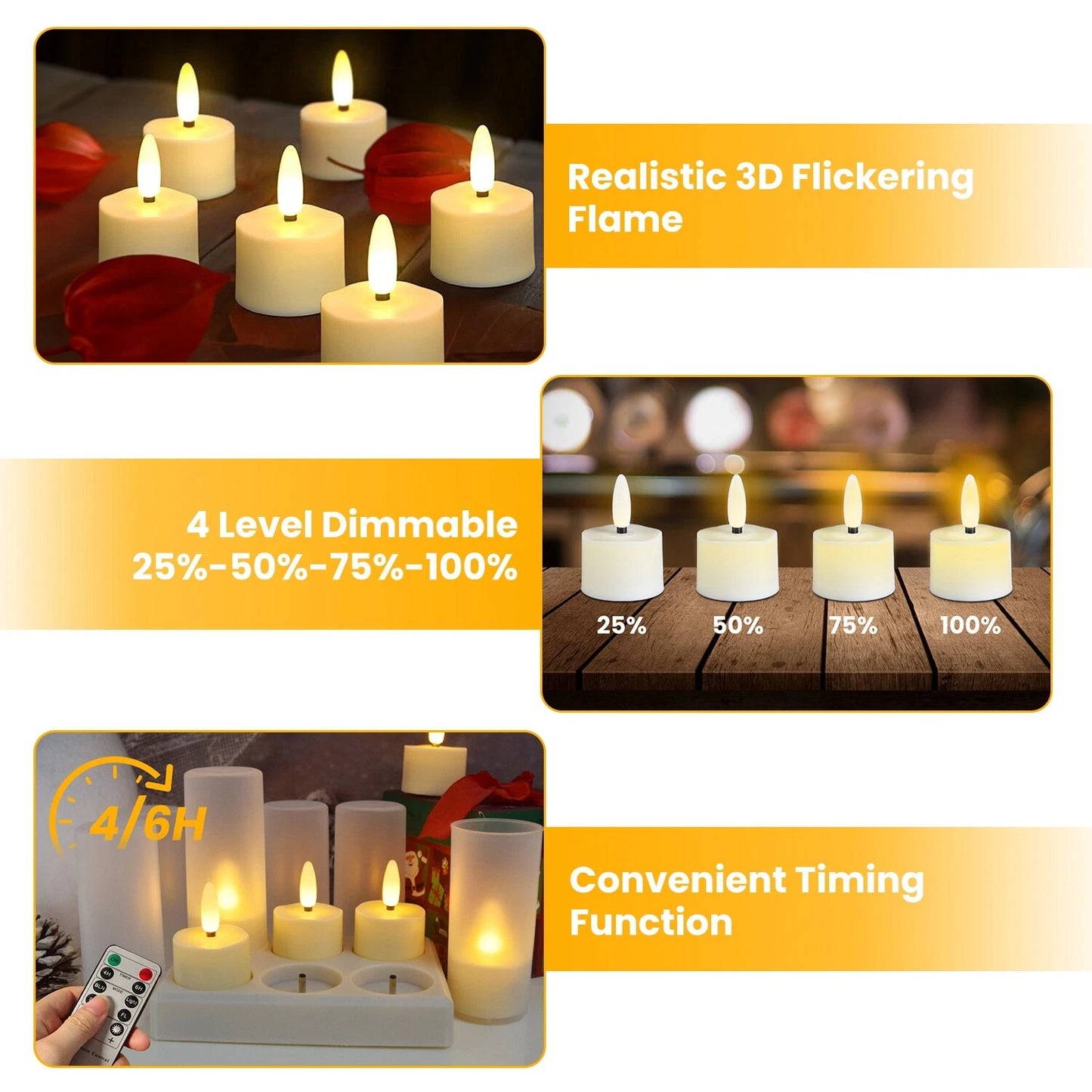 6-Pack Flameless Rechargeable LED Tea Lights with Remote & Timer