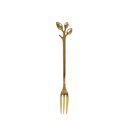 4 Gold Metal Dessert Forks with Leaf Handles in Gift Box