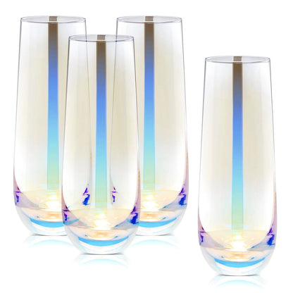 Iridescent Stemless Champagne Flutes, 10 oz (4 Pack)