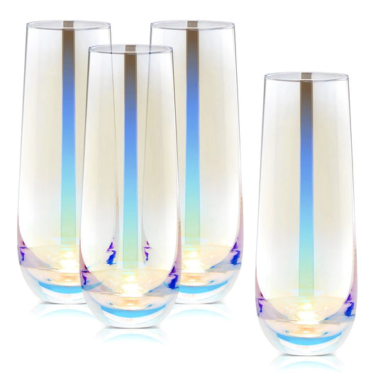 Iridescent Stemless Champagne Flutes, 10 oz (4 Pack)
