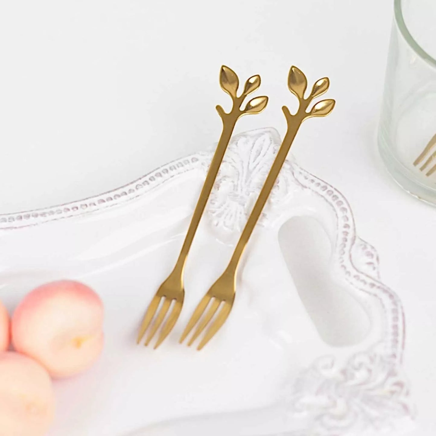 4 Gold Metal Dessert Forks with Leaf Handles in Gift Box