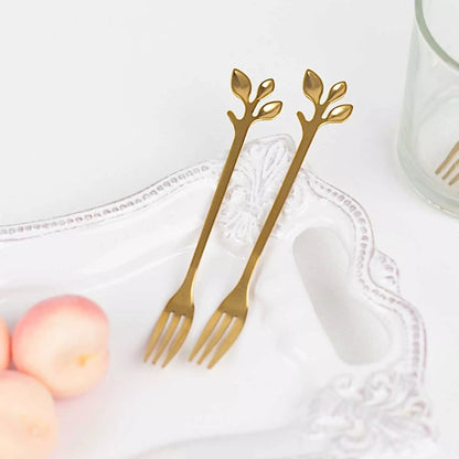 4 Gold Metal Dessert Forks with Leaf Handles in Gift Box
