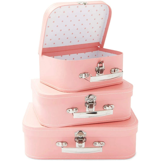 Set of 3 Pink Vintage Paperboard Suitcases with Metal Handles