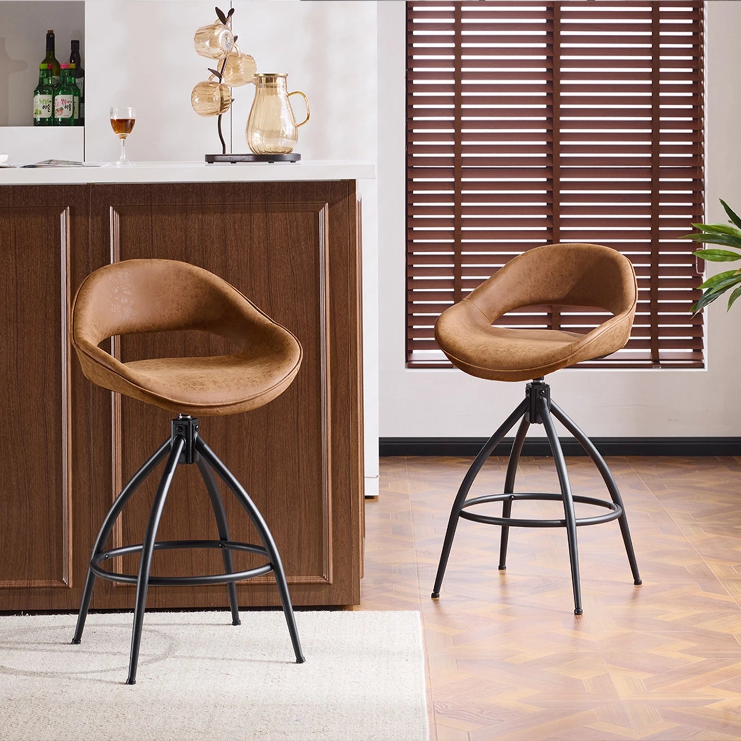 Set of 2 Counter Height Swivel Bar Stools with Hollow Backrest