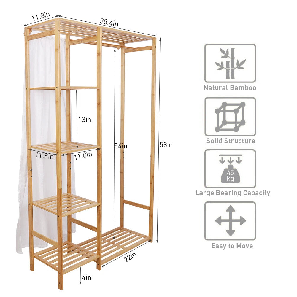 Home Collection Bamboo Garment Rack with Shelves & Curtain