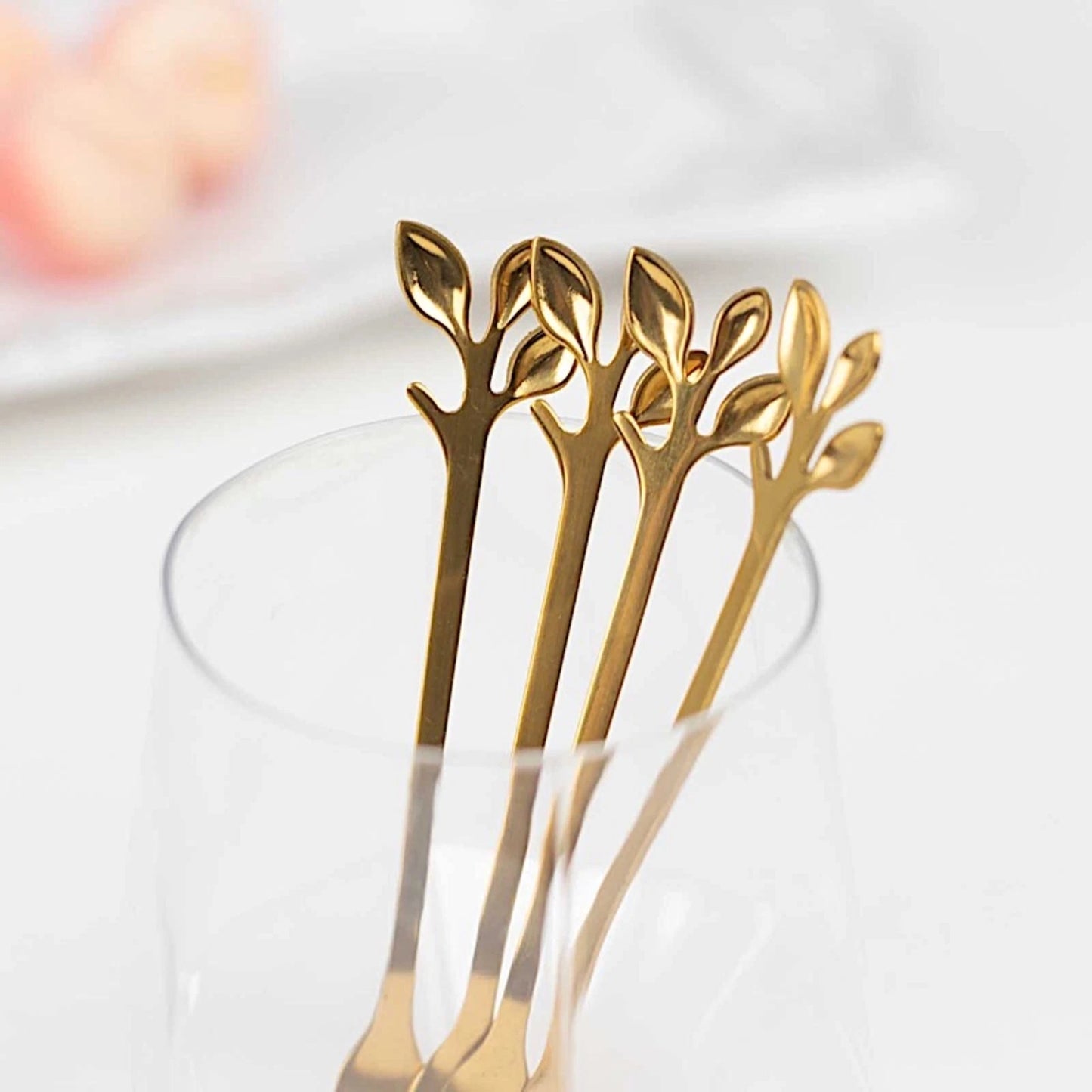 4 Gold Metal Dessert Forks with Leaf Handles in Gift Box
