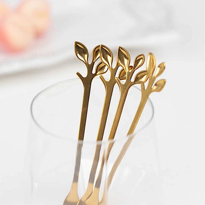 4 Gold Metal Dessert Forks with Leaf Handles in Gift Box