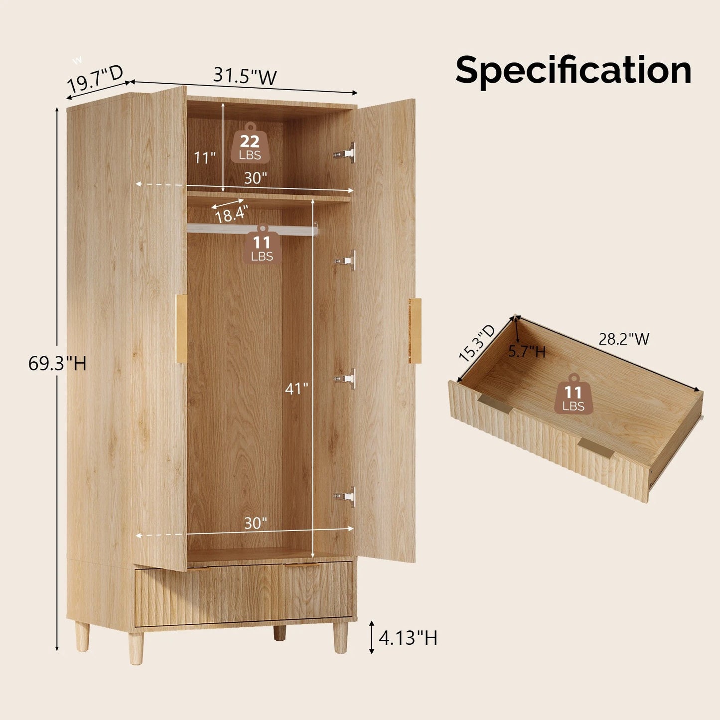 Farmhouse Armoire Wardrobe Closet with Drawers