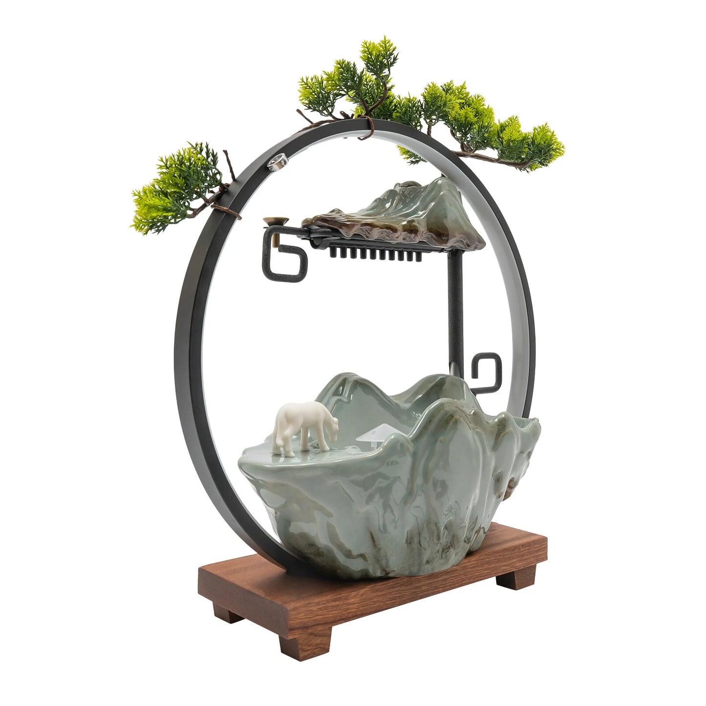 LED Tabletop Water Fountain with Indoor Faux Plants & Mist