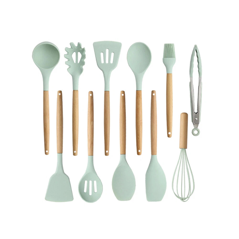 11-Piece Silicone Kitchen Utensil Set with Wooden Handles