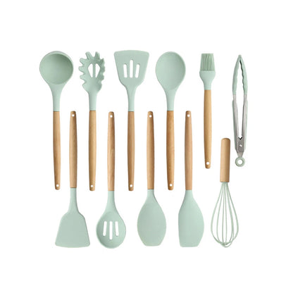 11-Piece Silicone Kitchen Utensil Set with Wooden Handles