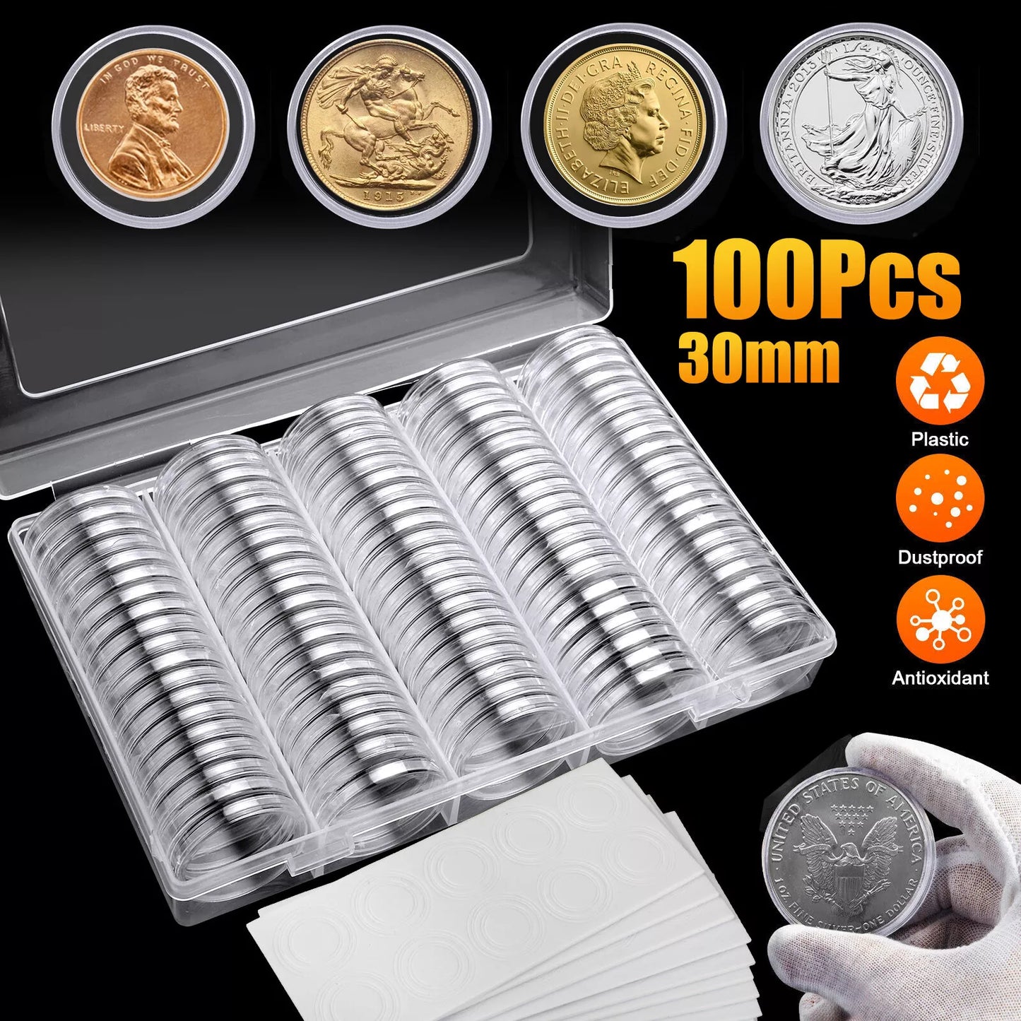 100Pcs 30mm Clear Round Coin Capsules