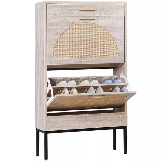 Rattan Shoe Cabinet with 2 Flip Drawers