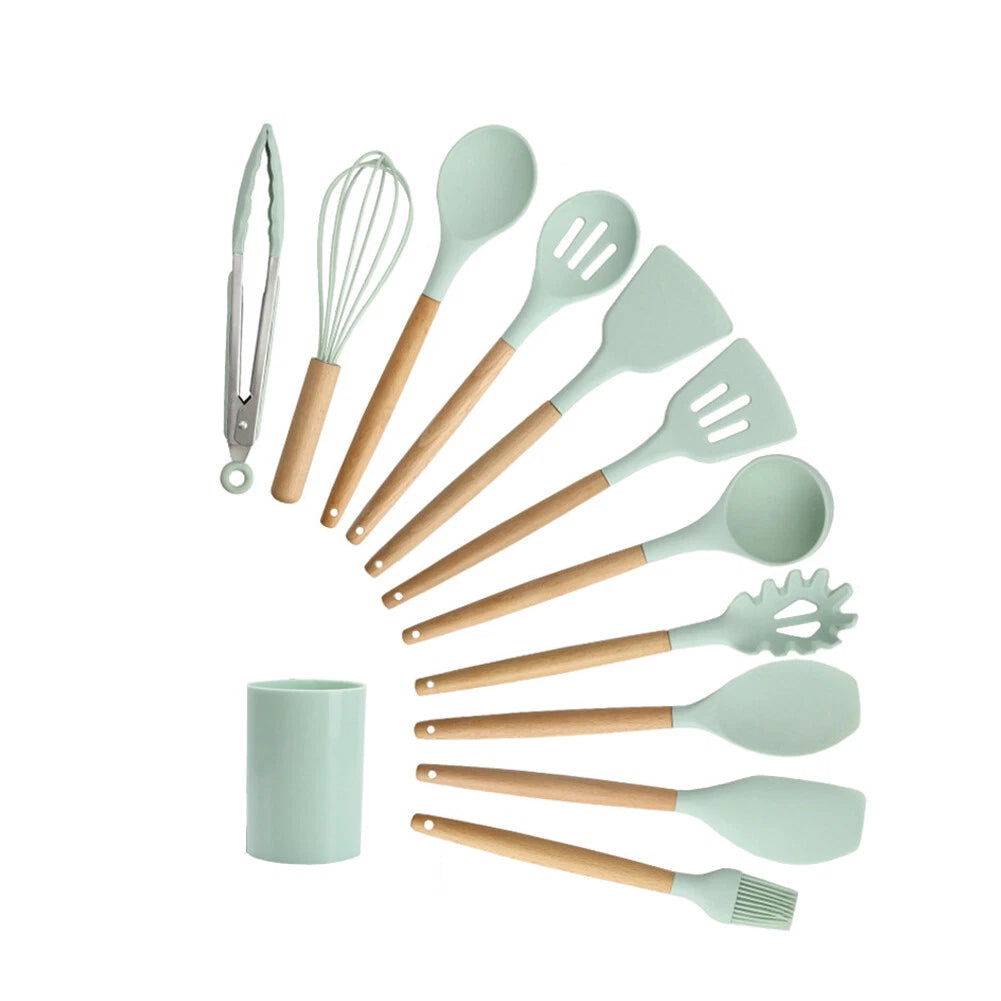11-Piece Silicone Kitchen Utensil Set with Wooden Handles