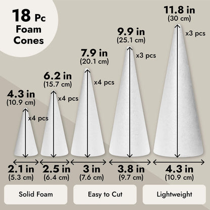 18-Pack Foam Cones for Crafts – Assorted Sizes
