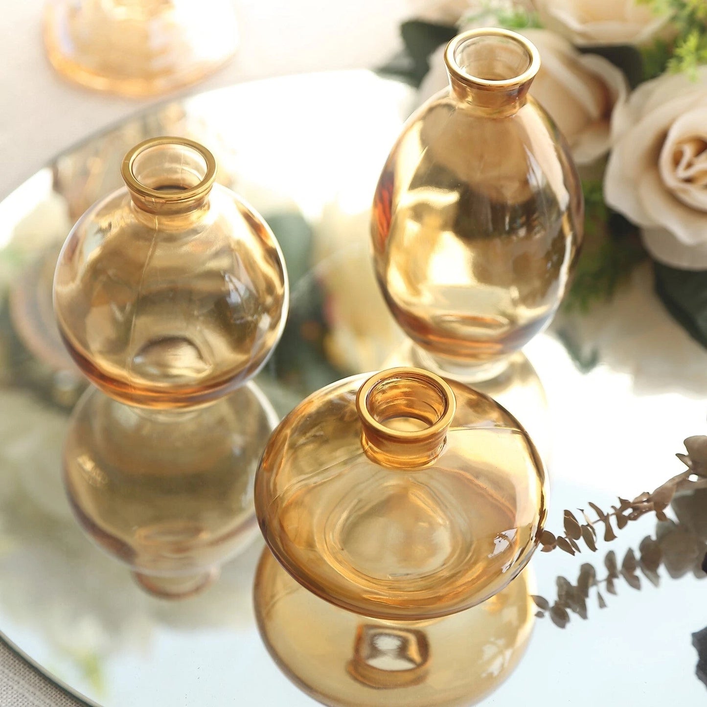 3 Small Gold Glass Vases with Metallic Rim