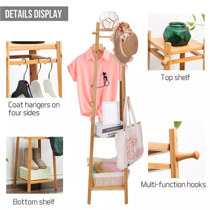 Bamboo Standing Coat Rack with Shelves & Hooks
