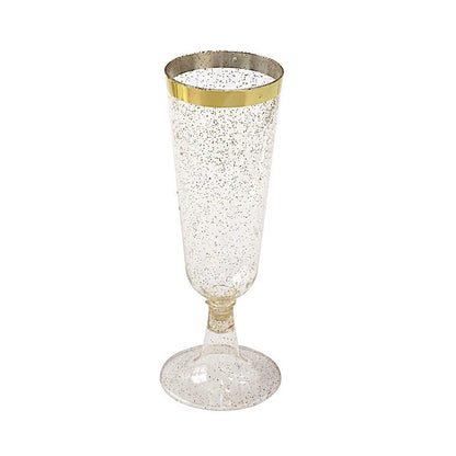 12-Pack 6 oz Clear Glitter Plastic Champagne Flutes with Silver Rim