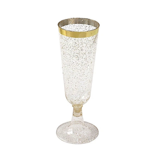 12-Pack 6 oz Clear Glitter Plastic Champagne Flutes with Silver Rim