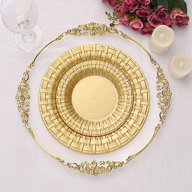Home Collection 7" Gold Round Plastic Dessert Plates – Basketweave Design Party Tableware