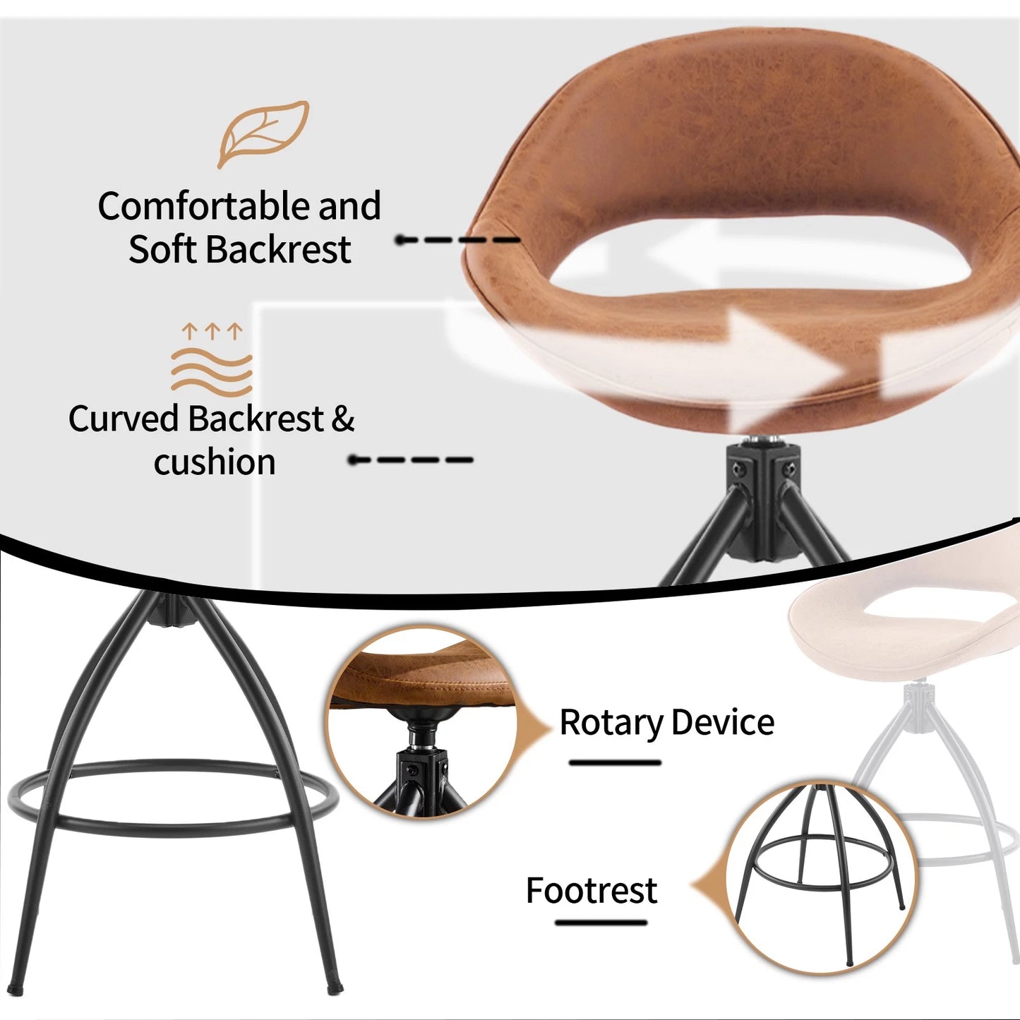 Set of 2 Counter Height Swivel Bar Stools with Hollow Backrest
