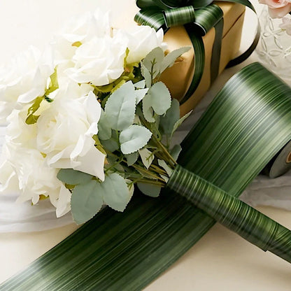 Home Collection 50 Yards 4-Inch Green Satin Ribbon Roll Double-Sided Ti Leaf Pattern
